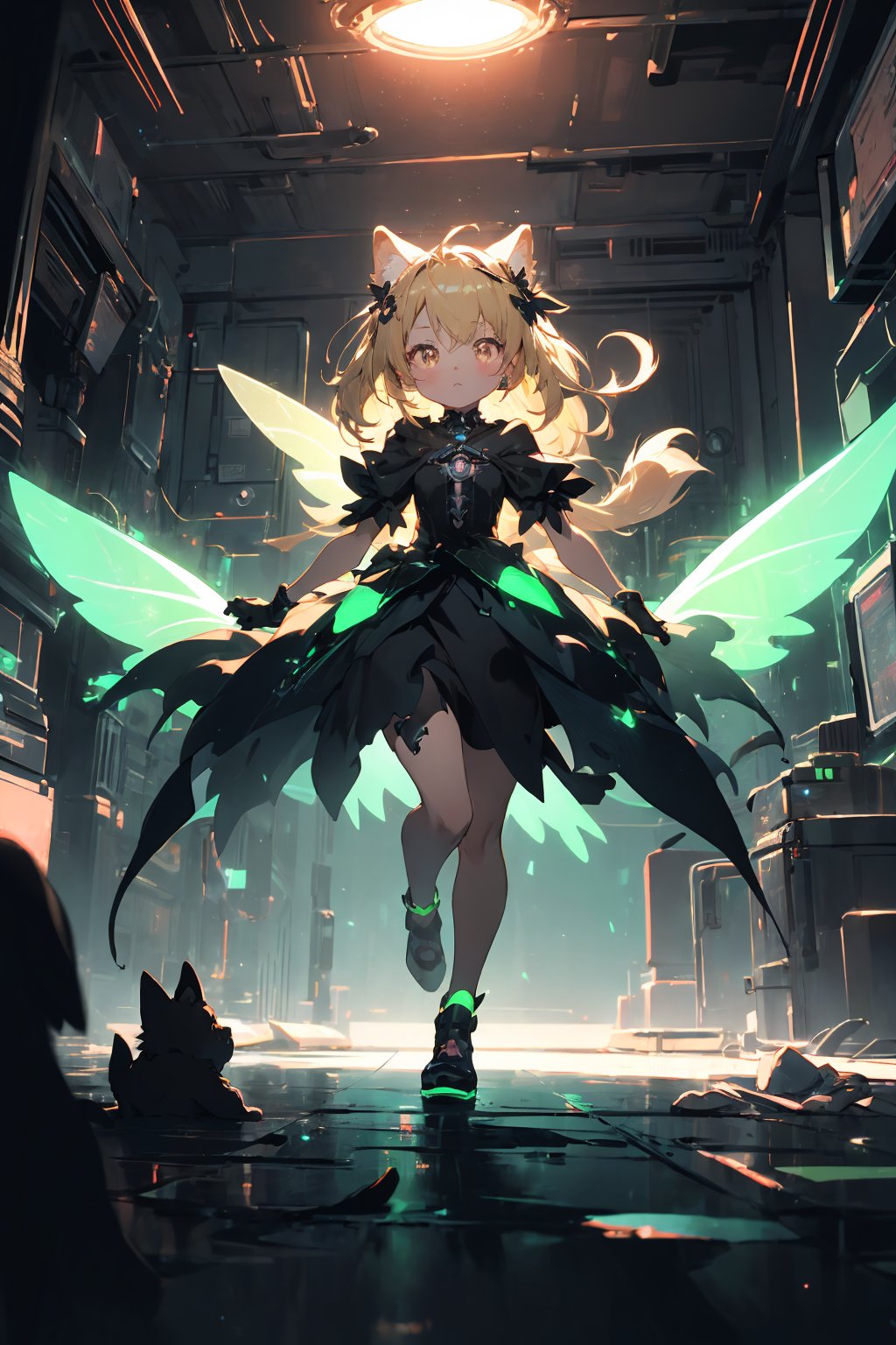 masterpiece,best quality,ultra detailed,highres,absurdres,illustratio,anthro,cute,kawaii,1girl,solo,dog ears,blonde hair,gradient brown eyes,(glowing neon green mechanical wings:1.0),high-contrast anime-style,(darkness room:1.3),fairy dress,