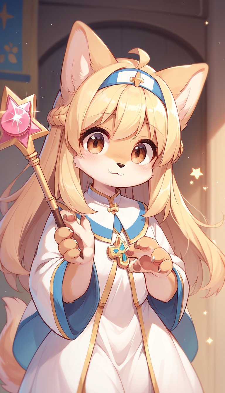 score_9_up, score_8_up, score_7_up,score_6_up,score_5_up,best quality,masterpiece,illustration,cute,kawaii,1girl,solo,dog ears,blonde hair,french braid,gradient brown eyes,healing magic,wand,priestess,furry