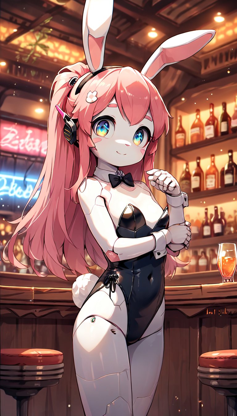 score_9_up, score_8_up, score_7_up,score_6_up,score_5_up,source_anime,masterpiece,best quality,illustration,cute,kawaii,1girl,solo,mechanical body,rabbit ears,playboy_bunny,indoors,bar,light smile,(petite:1.2),source_furry,(robot:1.3),large_breast