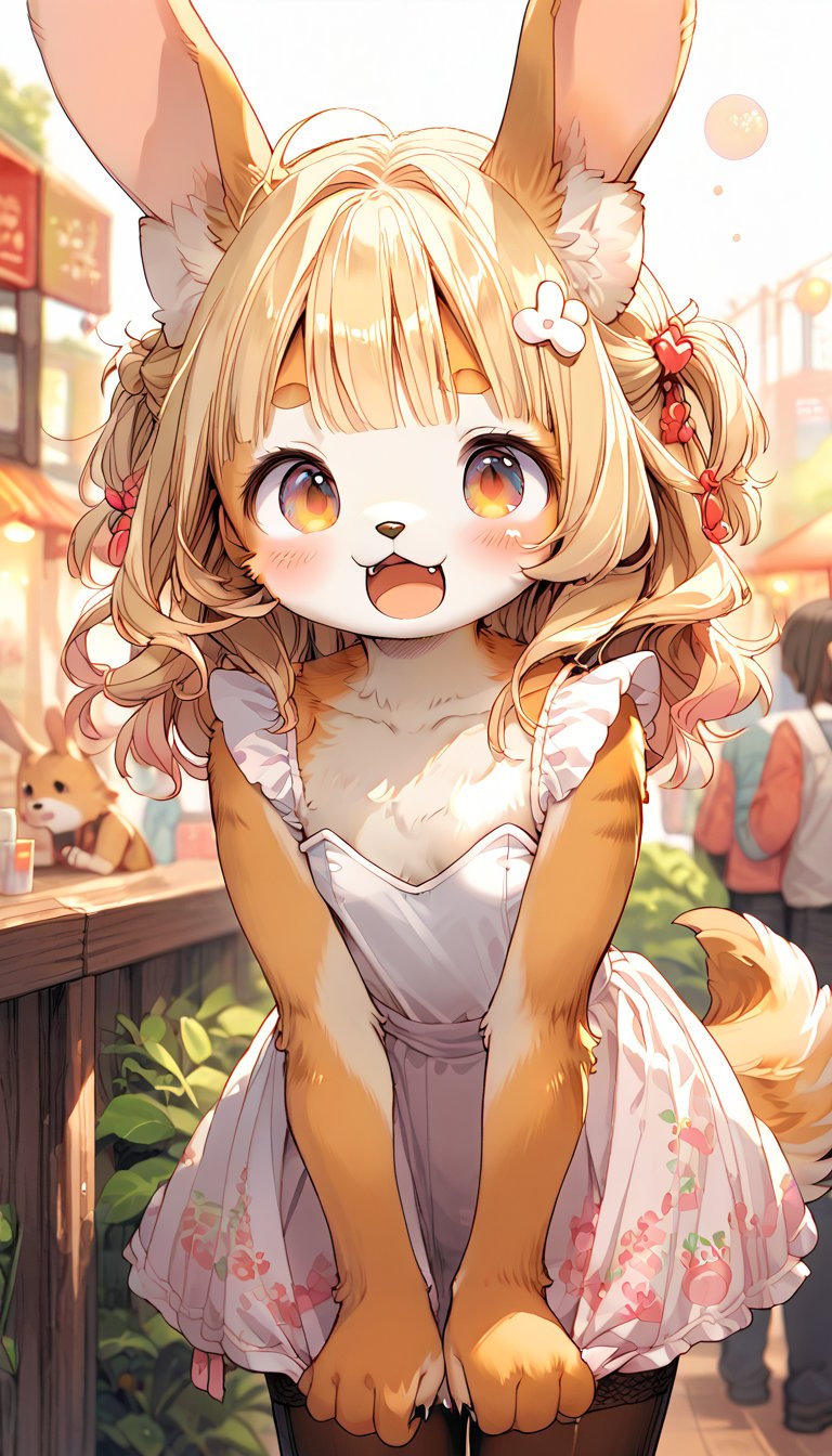 score_9, score_8up, score_7up, score_6up, score_5up,source_anime,source_furry,(anthro:1.3),cute,kawaii,1girl,solo,dog ears,blonde hair,gradient brown eyes,(white playboy bunny:1.2) fused with white lolita fashion,(mochitsuki:1.3),collarbone,(Pastel color:1.3),downblouse,(surprised:0.6),open mouth,(Hardworking:0.8),moon