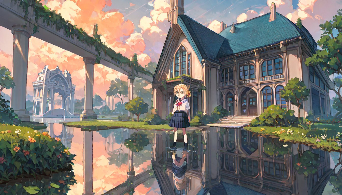 score_9, score_8up, score_7up, score_6up, score_5up,source_anime,cute,kawaii,1girl,solo,blonde hair,french braid,school uniform,after rain,puddle,arch rainbow,reflection sky