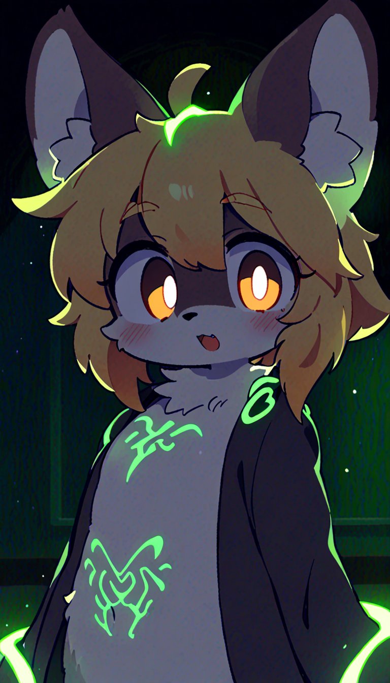 (furry:1.3),anthro,cute,kawaii,1girl,solo,dog ears,blonde hair,gradient brown eyes,indoors,(dark room:1.4),her body adorned with (glowing neon green Ancient magical tattoo,upper body:1.5),high-contrast anime-style,full body,