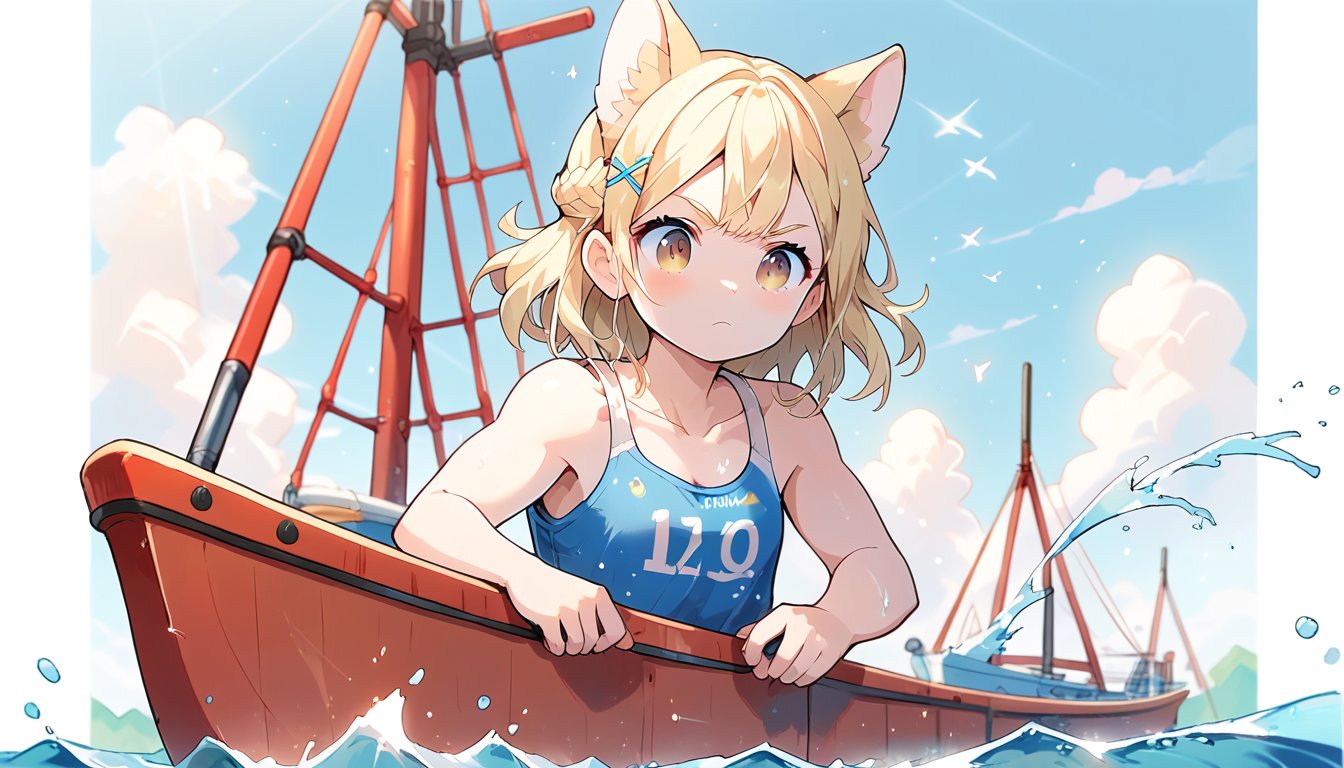 score_9_up, score_8_up, score_7_up,score_6_up,score_5_up,source_anime,masterpiece,best quality,illustration,cute,kawaii,1girl,solo,blonde hair,french_braid,dog ears,gradient brown eyes,On the Olympic stage, a woman is rowing with all her might. Her face shows a serious expression, and you can see the tension in her muscles. Amidst the splashing water, her boat moves forward powerfully, with the audience’s eyes focused on her. Her figure, putting everything into this moment, truly embodies the beauty and tension of sports, score_9_up,(rowing:1.5),(row a boat with oars:1.3)