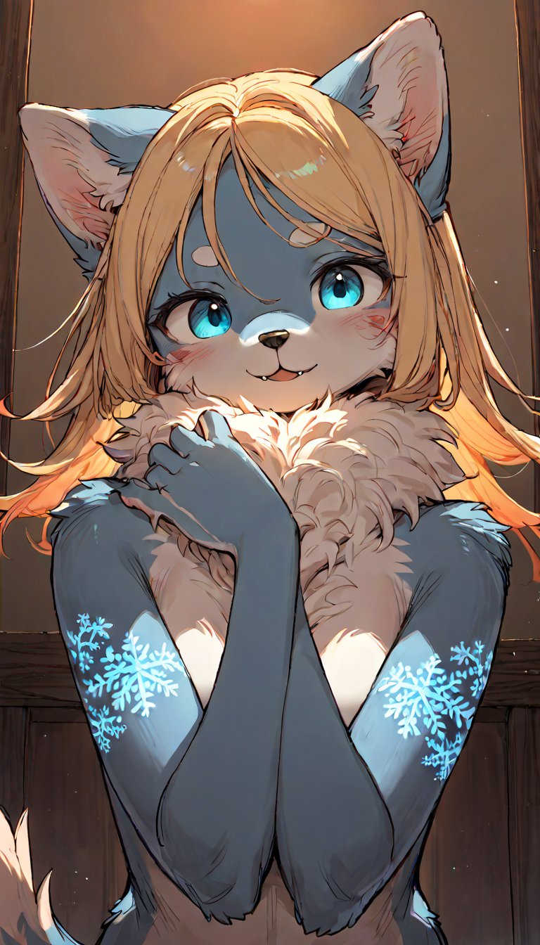 score_9, score_8up, score_7up, score_6up, score_5up,source_anime,source_furry,(furry:1.3),anthro,cute,kawaii,1girl,solo,dog ears,blonde hair,indoors,(dark room:1.0),(her body adorned with glowing neon blue snowflake tattoos:1.2),The intricateilluminate the shadows around her,high-contrast anime-style,