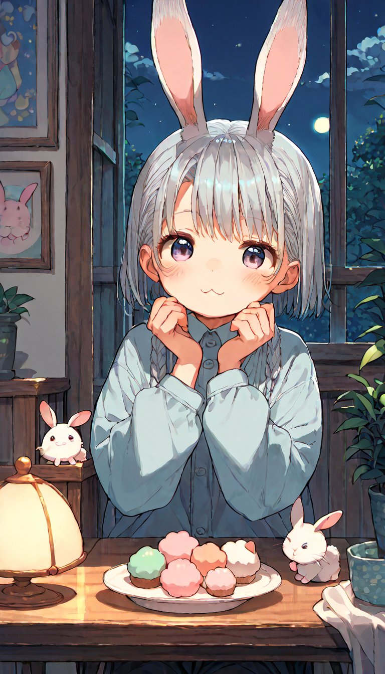 score_9, score_8up, score_7up, score_6up, score_5up,source_anime,cute,kawaii,1girl,solo,silver hair,rabbit ears,(mochi:1.2),indoors,night,sanshoku dango