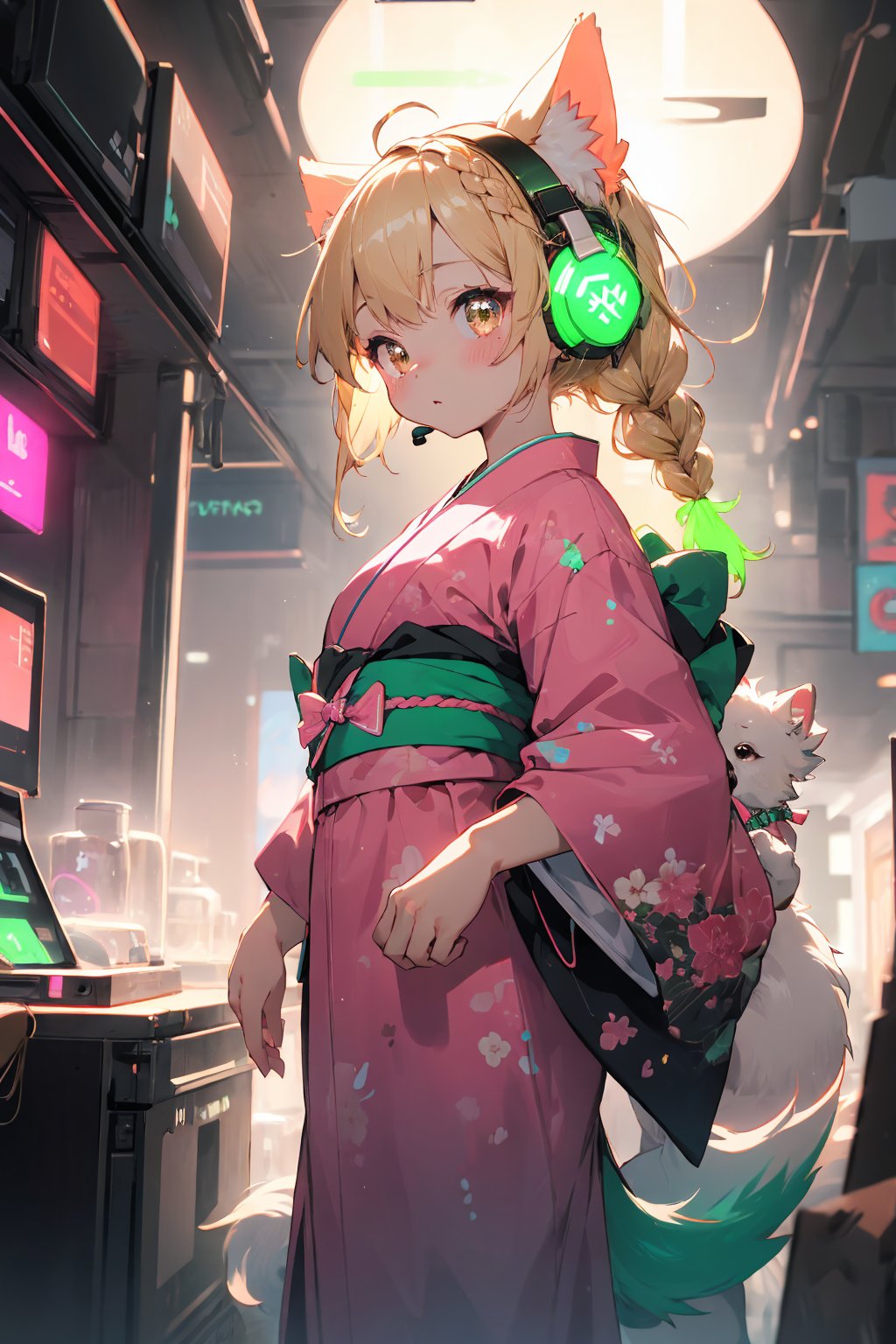 masterpiece,best quality,ultra detailed,highres,absurdres,illustratio,anthro,cute,kawaii,1girl,solo,dog ears,blonde hair,gradient brown eyes,(glowing neon green headphone:1.2),cool,stylish,french_braid,pink kimono dress,kanzashi,