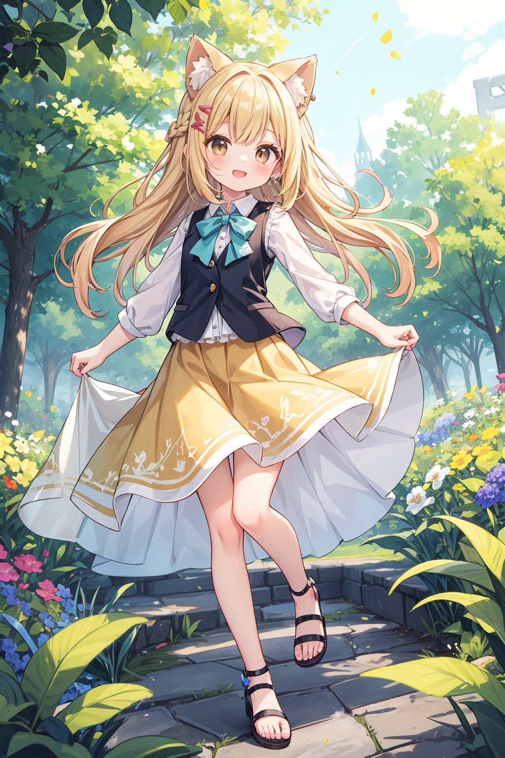 The illustration depicts a furry cute girl, dressed stylishly, in a bright early summer park. She is dressed lightly to match the early summer climate, with a big smile on her face. Around her, fresh green trees and colorful (flowers are in full bloom:1.1),(girlish:1.2),(feminine:1.3),soft,texture
BREAK
Her outfit is light to match the early summer climate, consisting of a flared skirt and blouse combination, sandals on her feet, giving refreshing impression. Her hair is long and flowing in the wind, with a small earring shining in her ear.vest
BREAK
1girl,solo,dog ears,french braid,blonde hair,detailed and gradient brown eyes,cute,kawaii,(from above:0.8)