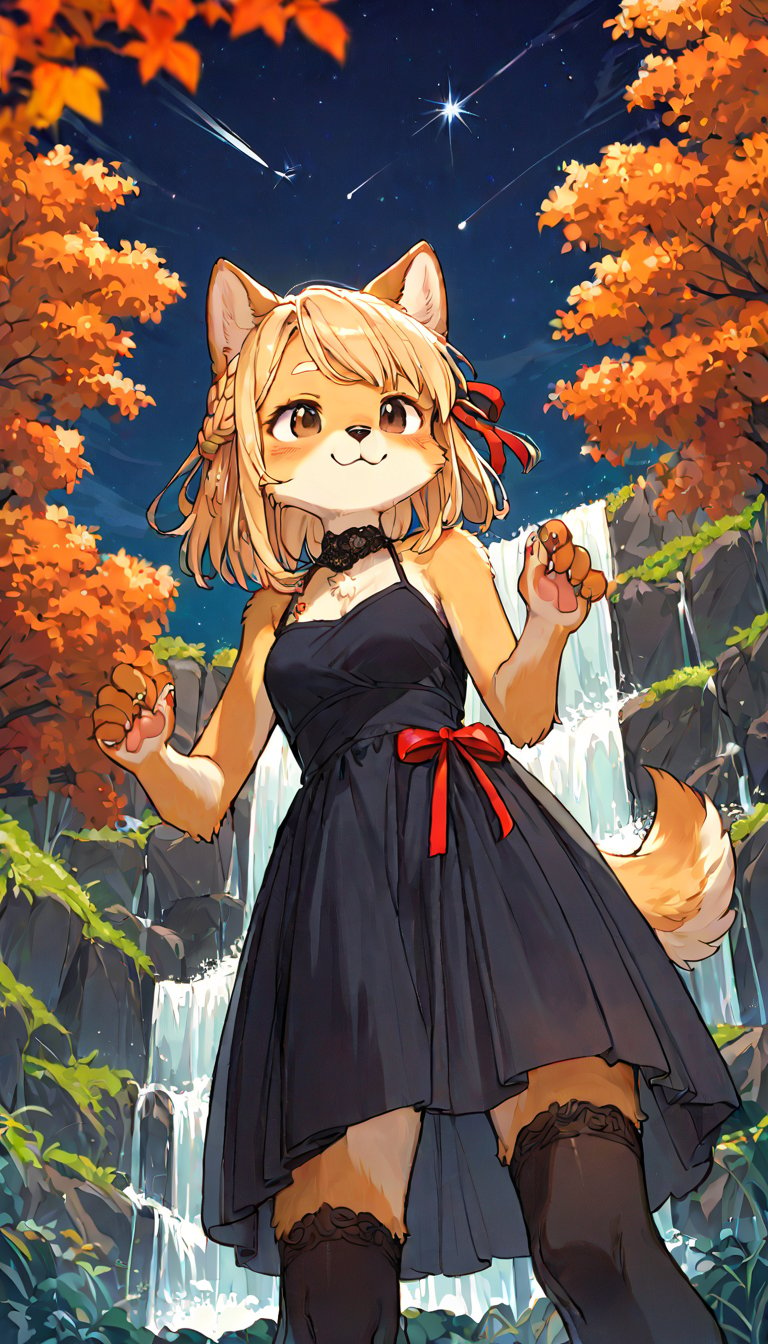 score_9, score_8up, score_7up, score_6up, score_5up,source_anime,source_furry,(furry:1.3),dog anthro,cute,kawaii,1girl,solo,blonde hair,dog ears fluff,french braid,brown eyes,evening dress,autumn,waterfall,night,(shooting star:1.3),(from below:1.3),black legwear,