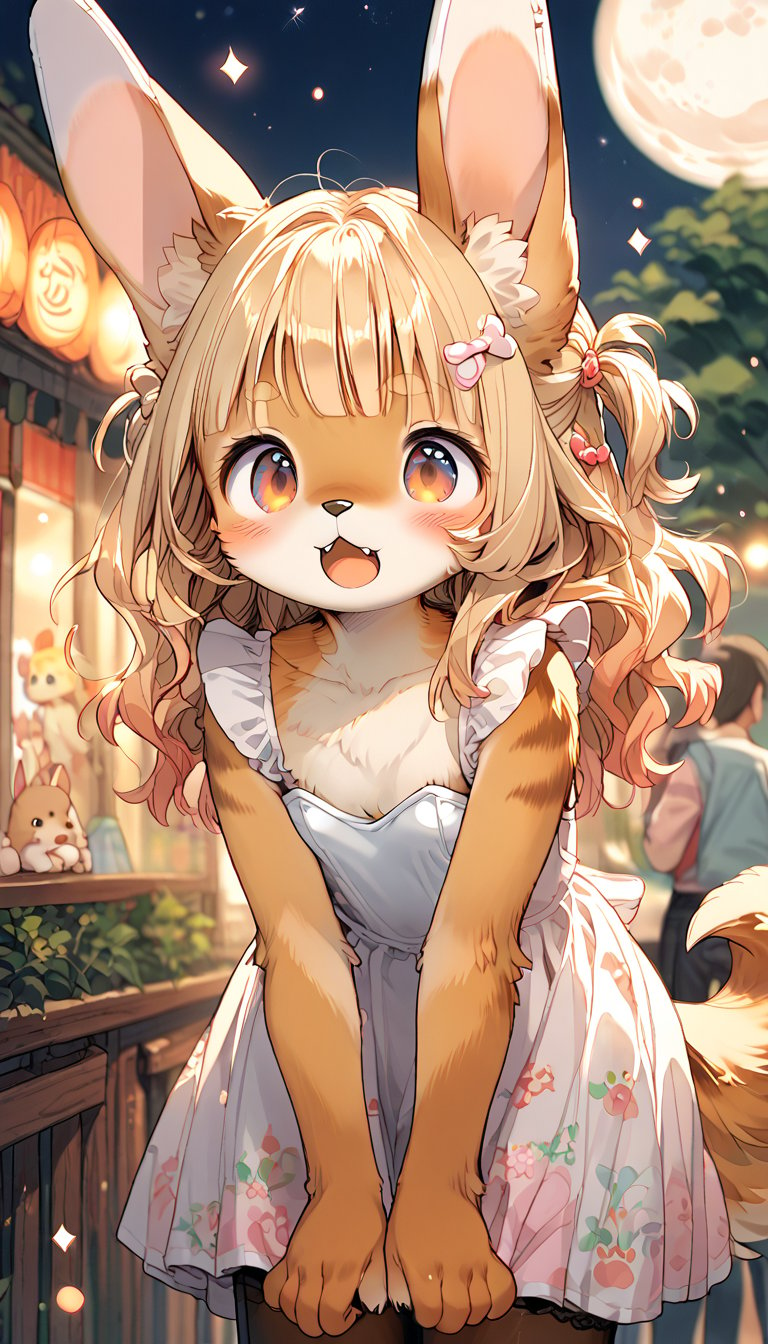 score_9, score_8up, score_7up, score_6up, score_5up,source_anime,source_furry,(anthro:1.3),cute,kawaii,1girl,solo,dog ears,blonde hair,gradient brown eyes,(white playboy bunny:1.2) fused with white lolita fashion,(mochitsuki:1.3),collarbone,(Pastel color:1.3),downblouse,(surprised:0.6),open mouth,(Hardworking:0.8),moon