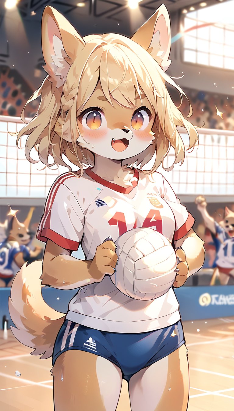  score_9_up, score_8_up, score_7_up,score_6_up,score_5_up,source_anime,masterpiece,best quality,illustration,cute,kawaii,1girl,solo,blonde hair,french_braid,dog ears,gradient brown eyes,On the Olympic stage,a girl playing volleyball. Her sporty posture and focused expression convey a strong determination to win.indoors,volleyball uniform,sweat,serious,(excited:1.1),open mouth,(furry:1.3),(Serving in volleyball:1.3),buruma,(very wide shot:1.3)