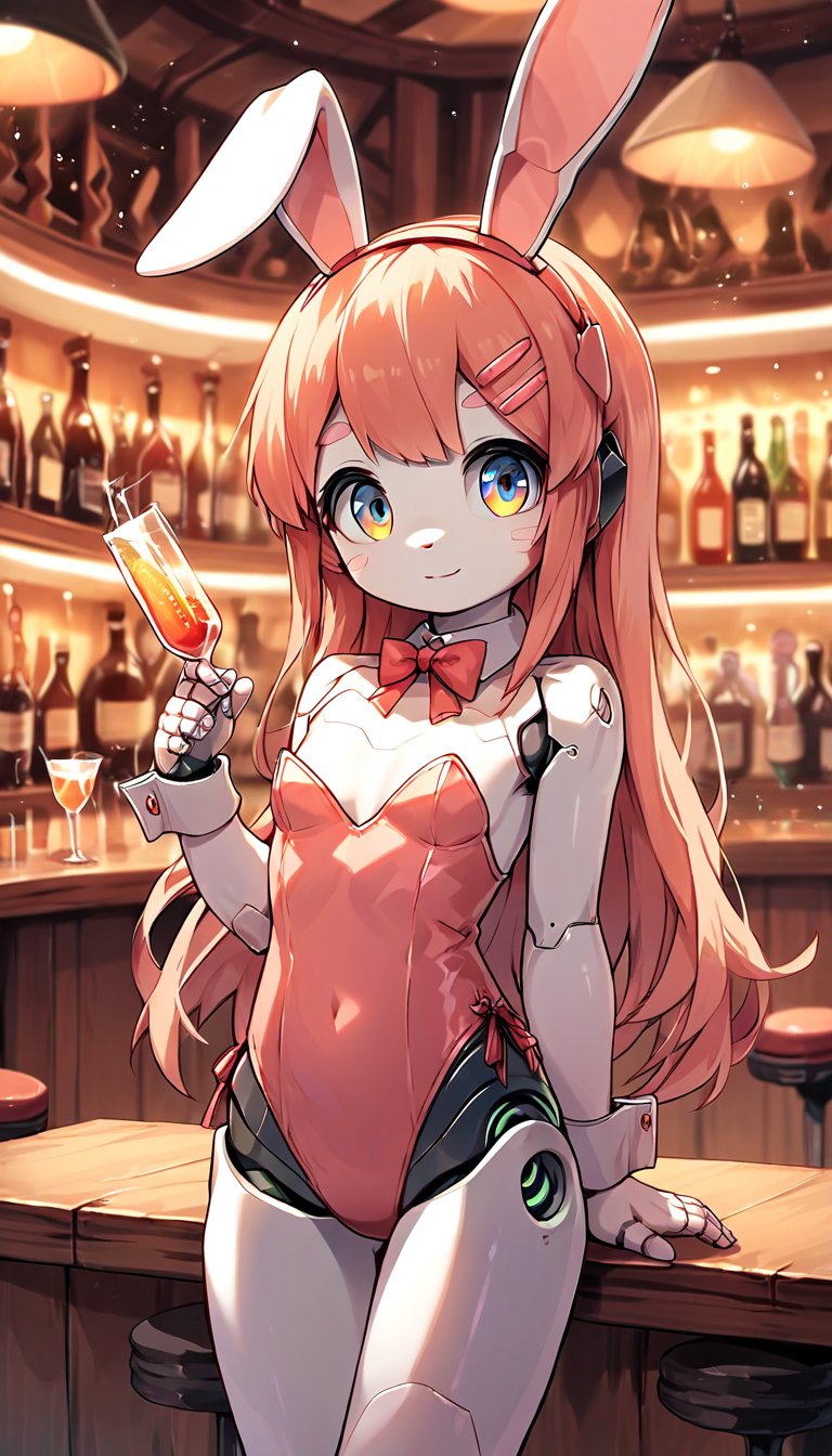 score_9_up, score_8_up, score_7_up,score_6_up,score_5_up,source_anime,masterpiece,best quality,illustration,cute,kawaii,1girl,solo,mechanical body,rabbit ears,playboy_bunny,indoors,bar,light smile,(petite:1.2),source_furry,(robot:1.3),large_breast