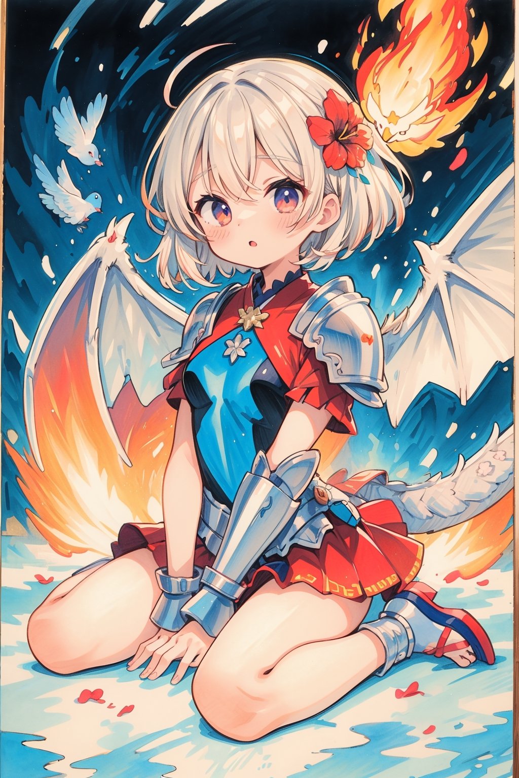 (tegaki:1.5),(traditional media:1.5),masterpiece,best quality,ultra detailed,highres,absurdres,illustration,cute,kawaii,feminine,soft,texture,long eyelash,impressionism,
BREAK 1girl,solo,fire wing,dragon (horn:1.2),thick tail,frills,(scale armor:1.1),leotard armor,laced skirt,(breathes fire:1.3),(pigeon toed:1.2),(phoenix:1.2),hand between legs,wariza,
BREAK (flower background:1.3),wallpaper,Cute girl,