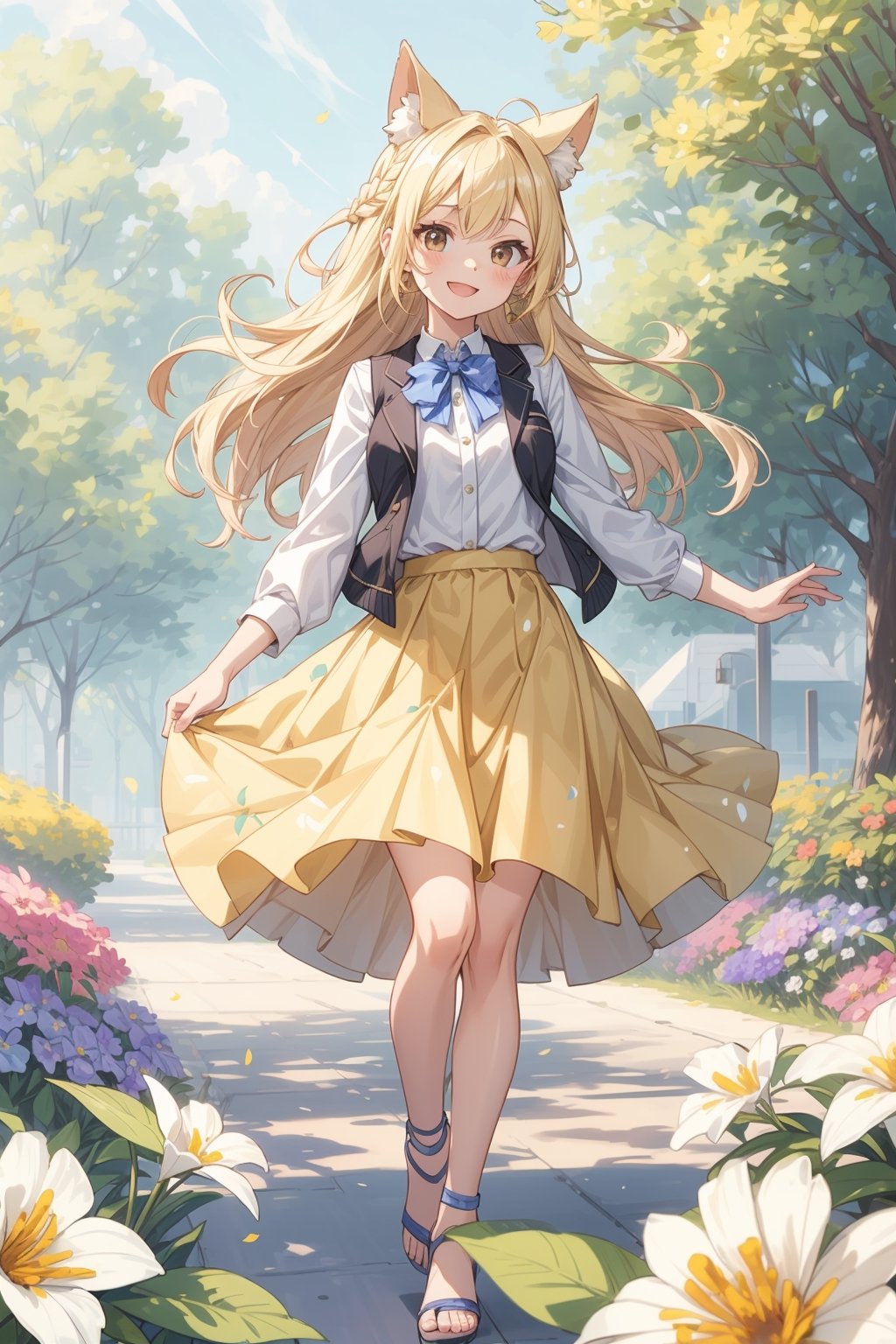 The illustration depicts a high school girl, dressed stylishly, in a bright early summer park. She is dressed lightly to match the early summer climate, with a big smile on her face. Around her, fresh green trees and colorful (flowers are in full bloom:1.3) 
BREAK
Her outfit is light to match the early summer climate, consisting of a flared skirt and blouse combination, sandals on her feet, giving refreshing impression. Her hair is long and flowing in the wind, with a small earring shining in her ear.vest
BREAK
1girl,solo,dog ears,french braid,blonde hair,detailed and gradient brown eyes,cute,kawaii,