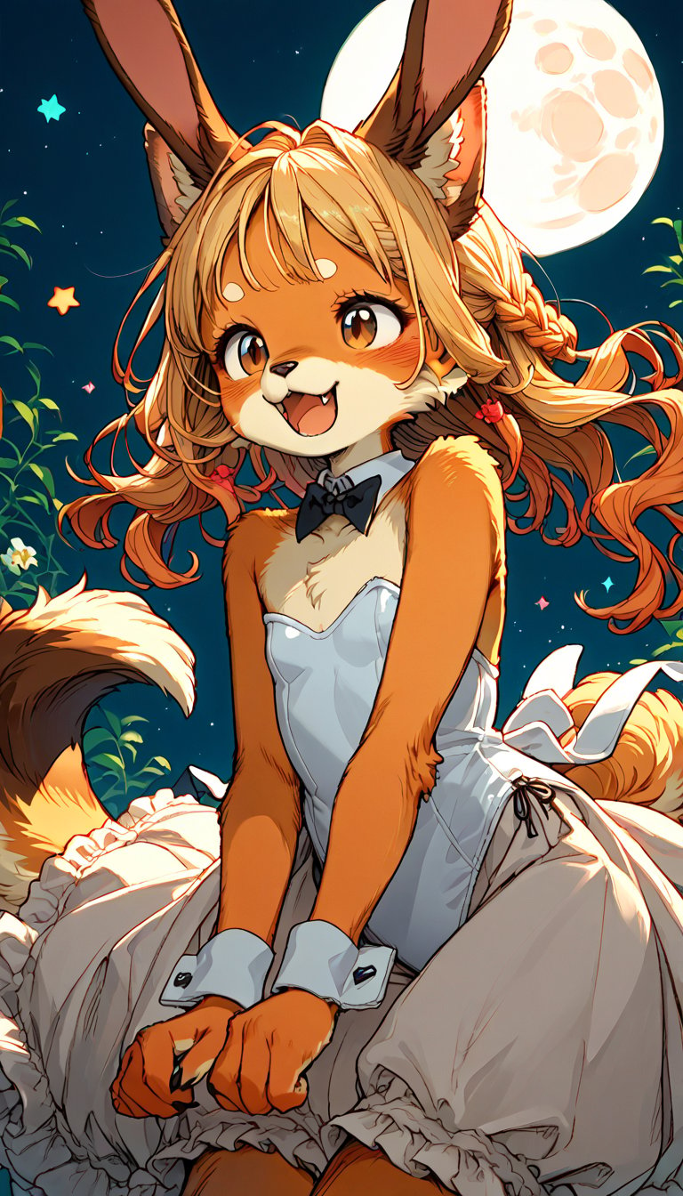 score_9, score_8up, score_7up, score_6up, score_5up,source_anime,source_furry,(anthro:1.3),cute,kawaii,1girl,solo,dog ears,blonde hair,gradient brown eyes,(white playboy bunny:1.2) fused with white lolita fashion,collarbone,(surprised:0.6),open mouth,moon,dango