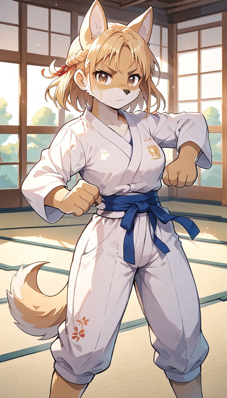 score_9_up, score_8_up, score_7_up,score_6_up,score_5_up,source_anime,masterpiece,best quality,illustration,cute,kawaii,1girl,solo,blonde hair,french_braid,dog ears,gradient brown eyes,paris olympic,judo, wearing judo wear,tatami,judo,sutanding,serious,indoors,furry,judo match,(female judo athlete:1.4),Judo combat pose