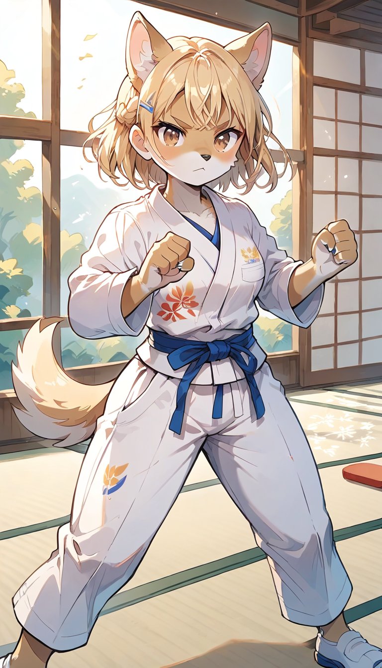 score_9_up, score_8_up, score_7_up,score_6_up,score_5_up,source_anime,masterpiece,best quality,illustration,cute,kawaii,1girl,solo,blonde hair,french_braid,dog ears,gradient brown eyes,paris olympic,judo, wearing judo wear,tatami,judo,sutanding,serious,indoors,furry,judo match,Olympic female judo athlete