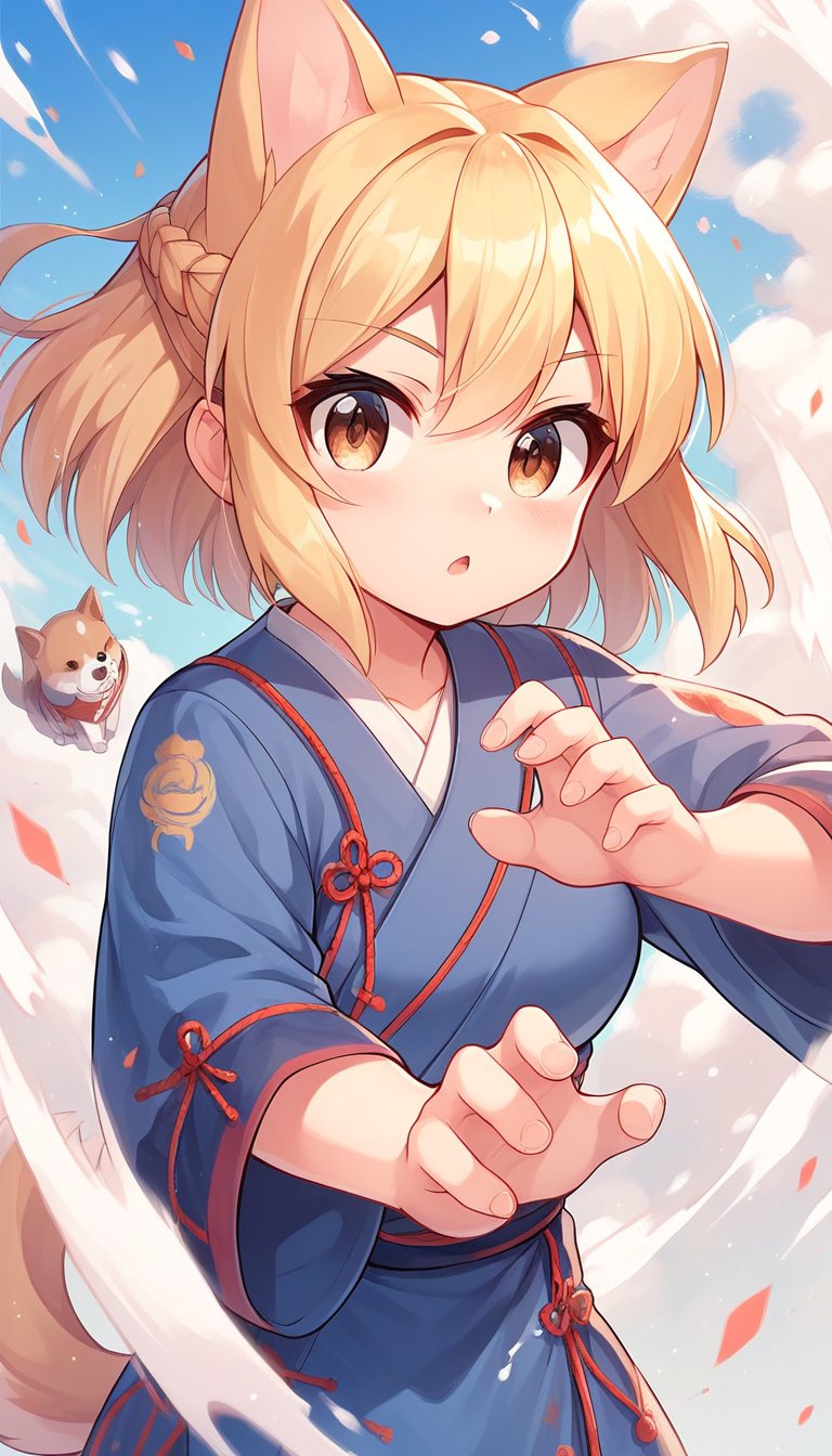 score_9_up, score_8_up, score_7_up,score_6_up,score_5_up,best quality,masterpiece,illustration,cute,kawaii,1girl,solo,dog ears,blonde hair,french braid,gradient brown eyes,japanese Armed,battle stance,battle filed,(>:):1.3)