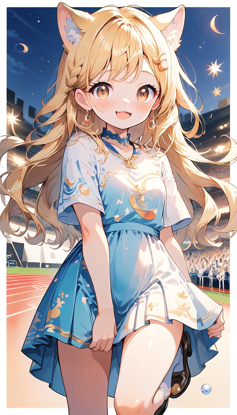 score_9_up, score_8_up, score_7_up,score_6_up,score_5_up,source_anime,masterpiece,best quality,illustration,cute,kawaii,1girl,solo,blonde hair,french_braid,dog ears,gradient brown eyes,At the (Olympic closing ceremony:1.5),Her expression reflects both the sadness of the event’s end and the satisfaction of having given her all. Amidst the applause and cheers from the audience,night,formal dress primarily white with golden embroidery,beautifully shimmering in the light,The hem of the dress flares out gracefully, swaying elegantly with her movements. She wears simple yet elegant heels, perfectly complementing her overall look,the girl wears a beaming smile