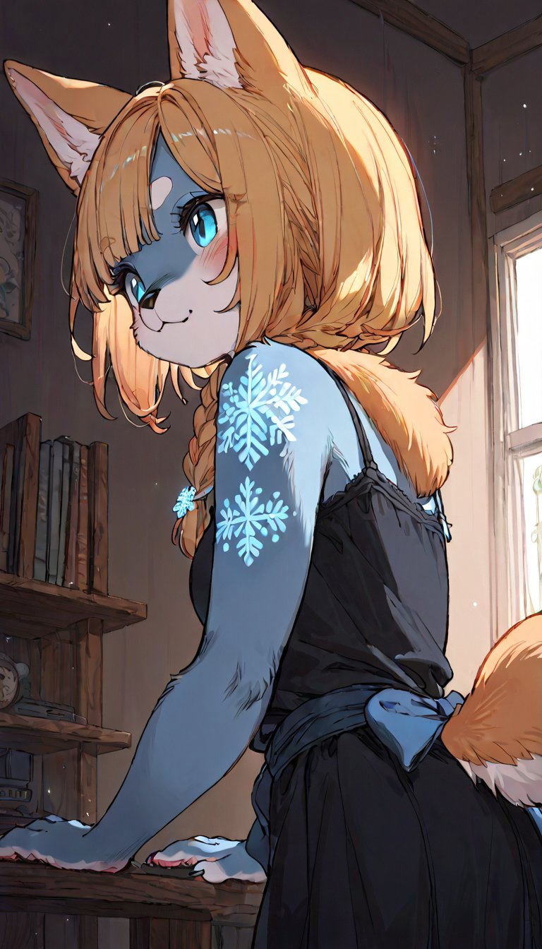 score_9, score_8up, score_7up, score_6up, score_5up,source_anime,source_furry,(furry:1.3),anthro,cute,kawaii,1girl,solo,dog ears,blonde hair,indoors,(dark room:1.0),(her body adorned with glowing neon blue snowflake tattoos:1.2),The intricateilluminate the shadows around her,high-contrast anime-style,