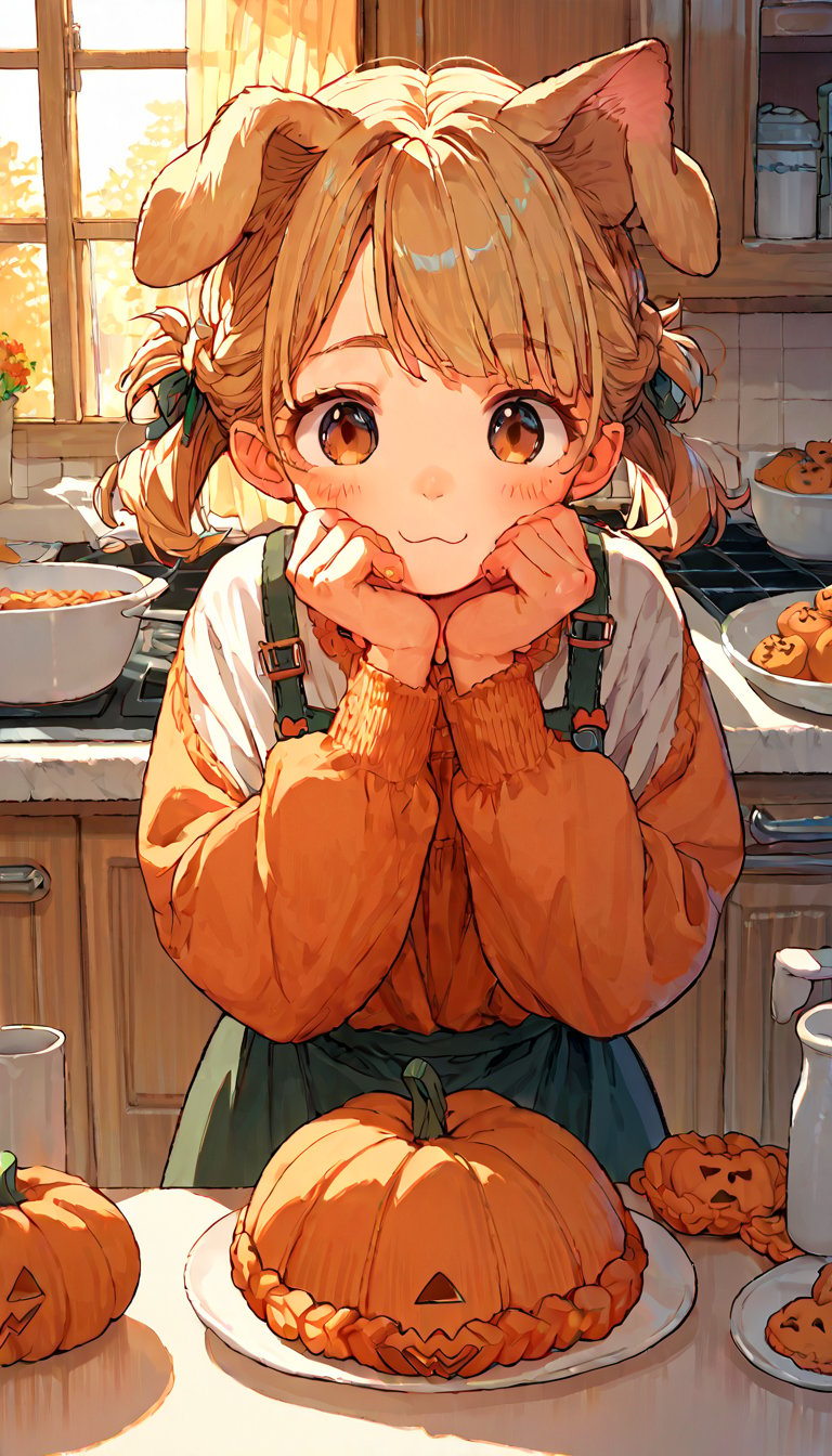 score_9, score_8up, score_7up, score_6up, score_5up,source_anime,cute,kawaii,1girl,solo,blonde hair,dog ears fluff,french braid,brown eyes,making Pumpkin pudding,indoors,kitchen,