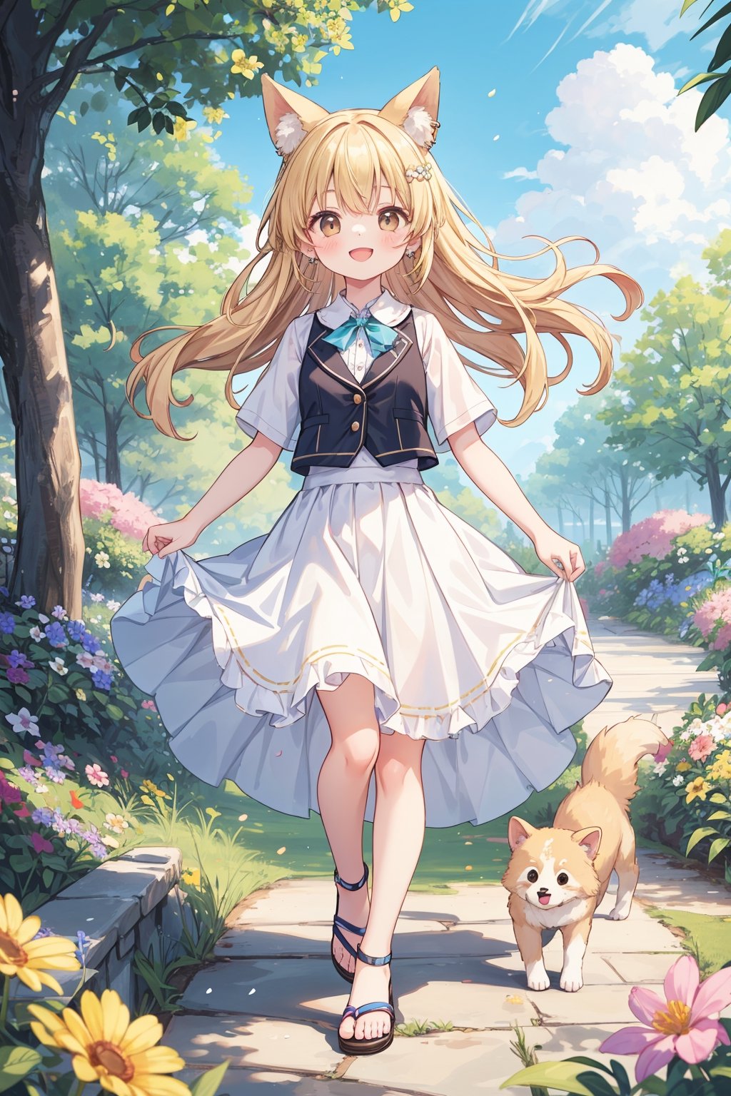 The illustration depicts a high school girl, dressed stylishly, in a bright early summer park. She is dressed lightly to match the early summer climate, with a big smile on her face. Around her, fresh green trees and colorful (flowers are in full bloom:1.3) 
BREAK
Her outfit is light to match the early summer climate, consisting of a flared skirt and blouse combination, sandals on her feet, giving refreshing impression. Her hair is long and flowing in the wind, with a small earring shining in her ear.vest
BREAK
1girl,solo,dog ears,french braid,blonde hair,detailed and gradient brown eyes,cute,kawaii,(from above:0.8)