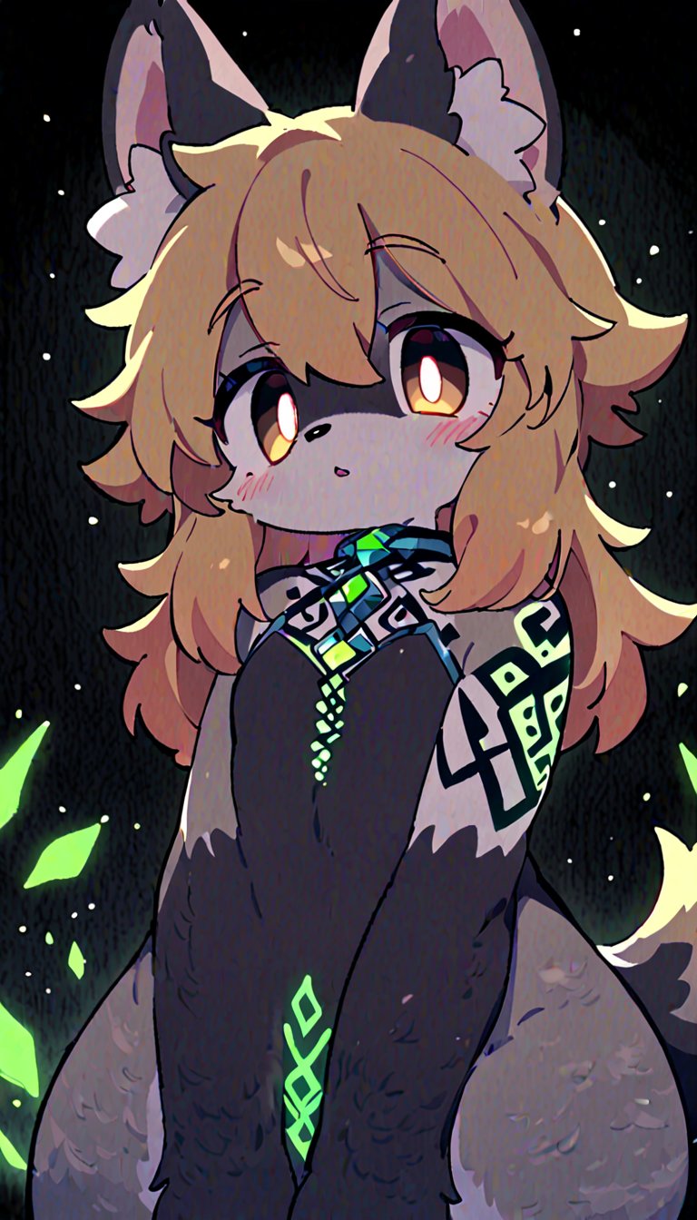 (furry:1.3),anthro,cute,kawaii,1girl,solo,dog ears,blonde hair,gradient brown eyes,indoors,(dark room:1.4),her body adorned with (glowing neon green zentangle heresy tattoos:1.4),(upper face:1.3),high-contrast anime-style,