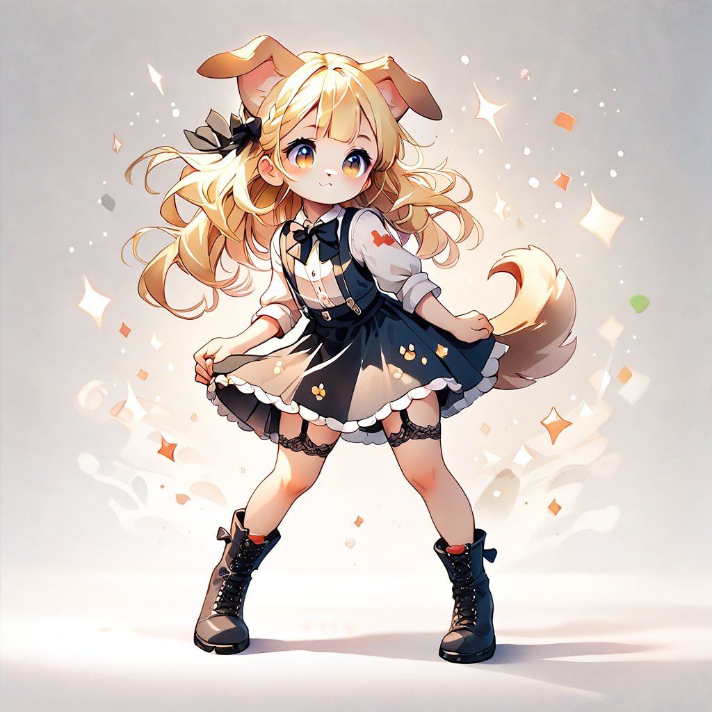 score_9_up, score_8_up, score_7_up,score_6_up,score_5_up,source_anime,source_furry,masterpiece,best quality,illustration,cute,kawaii,watercolor \(medium\),,1girl,solo,1girl,solo,dog ears,blonde hair,french braid,gradient brown eyes,Classic Speakeasy Bartender,fitted black vest over a crisp white blouse with puffed sleeves and a high neckline,full body,high-waisted pencil skirt,lace-up ankle boots,black bow tie, suspenders, and a garter belt with lace detail around the thigh