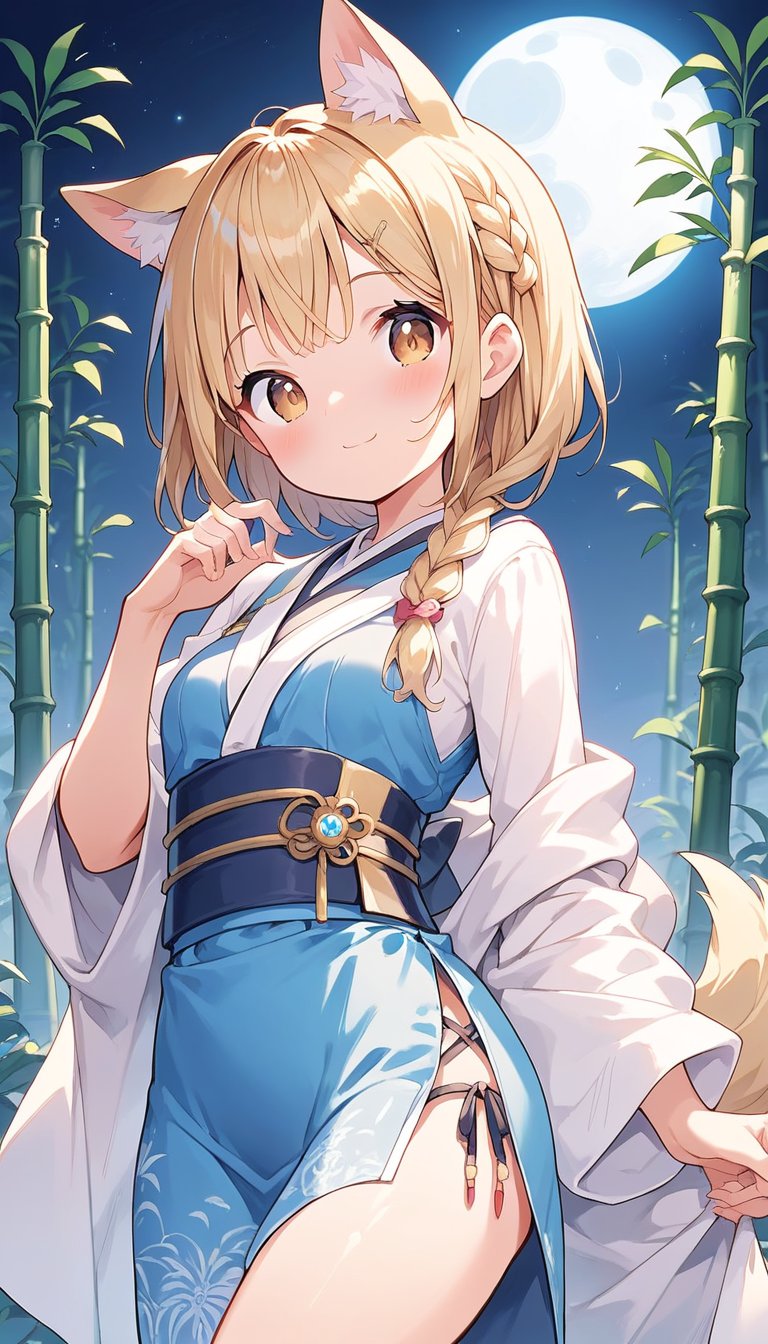  score_9_up, score_8_up, score_7_up,score_6_up,score_5_up,score_4_up,source_anime,masterpiece,best quality,illustration,cute,kawaii,1girl,solo,blonde hair,french_braid,dog ears,gradient brown eyes,(tanabata:1.2),tanzaku,(silver bamboo thicket),blue full moon,(mysterios:1.3),(heresy:1.4),supplication,kimono Ethnic Dress,(see-through long shawl:1.1),