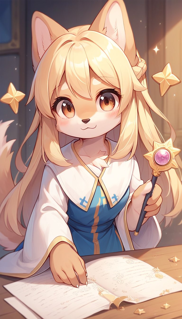 score_9_up, score_8_up, score_7_up,score_6_up,score_5_up,best quality,masterpiece,illustration,cute,kawaii,1girl,solo,dog ears,blonde hair,french braid,gradient brown eyes,healing magic,wand,priestess,furry