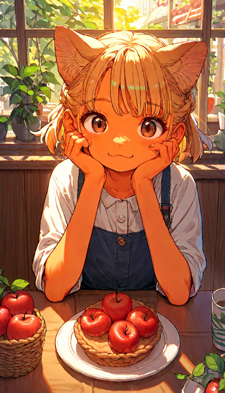 score_9, score_8up, score_7up, score_6up, score_5up,source_anime,source_furry,cute,kawaii,1girl,solo,blonde hair,dog ears fluff,french braid,brown eyes,Apple pie,cafe,indoors,cozy,downlight,enraptured,happy,daylight