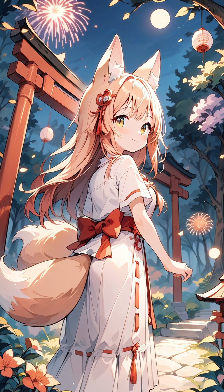 score_9_up, score_8_up, score_7_up,score_6_up,score_5_up,source_anime,masterpiece,best quality,illustration,cute,kawaii,1girl,solo,sliver hair,long hair,fox ears,fox tails,formal miko dress primarily white with golden and red embroidery,The hem of the dress flares out gracefully,perfectly complementing her overall look,looking back,torii,shrine gate,fireworks,(dark forest:1.3),(mid night:1.3),silence