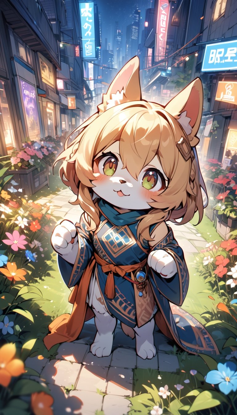 1girl,solo,dog ears,french braid,blonde hair,detailed and gradient brown eyes,(knight dress:1.1),(ainu dress:1.1),standing
BREAK
outdoors,spring flower garden,night,(cybercity:1.3),magnificent view
BREAK
masterpiece,best quality,ultra detailed,highres,absurdres,illustration,cute,kawaii,perfect arrangement,(brave:1.3),(furry:1.15),furry