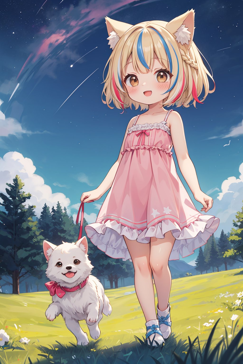 masterpiece,best quality,ultra detailed,highres,absurdres,illustration,silky-soft,creamy complexion,cute,kawaii,(Exciting:1.2),happy,loli,petite   BREAK 1girl,solo,dog ears,french braid,blonde and (blue streaked hair:1.3),highlights hair,detailed and gradient brown eyes,(light pink camisole dress:1.1),(frills:1.2),walking, BREAK outdoors,overlooking,(twilight sky:1.2),deep blue sky,starry sky,grass