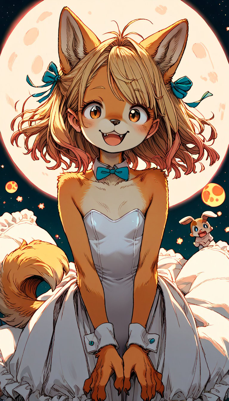 score_9, score_8up, score_7up, score_6up, score_5up,source_anime,source_furry,(anthro:1.3),cute,kawaii,1girl,solo,dog ears,blonde hair,gradient brown eyes,(white playboy bunny:1.2) fused with white lolita fashion,collarbone,(surprised:0.6),open mouth,moon,(dango:1.5)