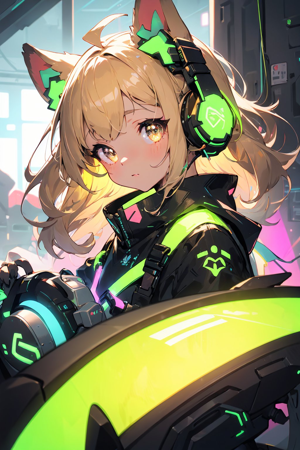 masterpiece,best quality,ultra detailed,highres,absurdres,illustratio,anthro,cute,kawaii,1girl,solo,dog ears,blonde hair,gradient brown eyes,(glowing neon green gaming headphone:1.2),cool,stylish,pop art,Princess of the cyber world