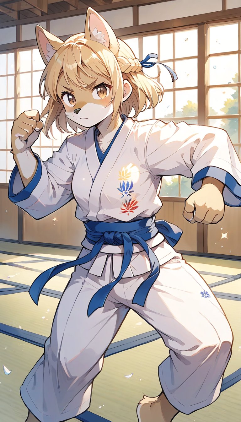 score_9_up, score_8_up, score_7_up,score_6_up,score_5_up,source_anime,masterpiece,best quality,illustration,cute,kawaii,1girl,solo,blonde hair,french_braid,dog ears,gradient brown eyes,paris olympic,judo, wearing judo wear,tatami,judo,sutanding,serious,indoors,furry,judo match,(female judo athlete:1.4),Judo combat pose