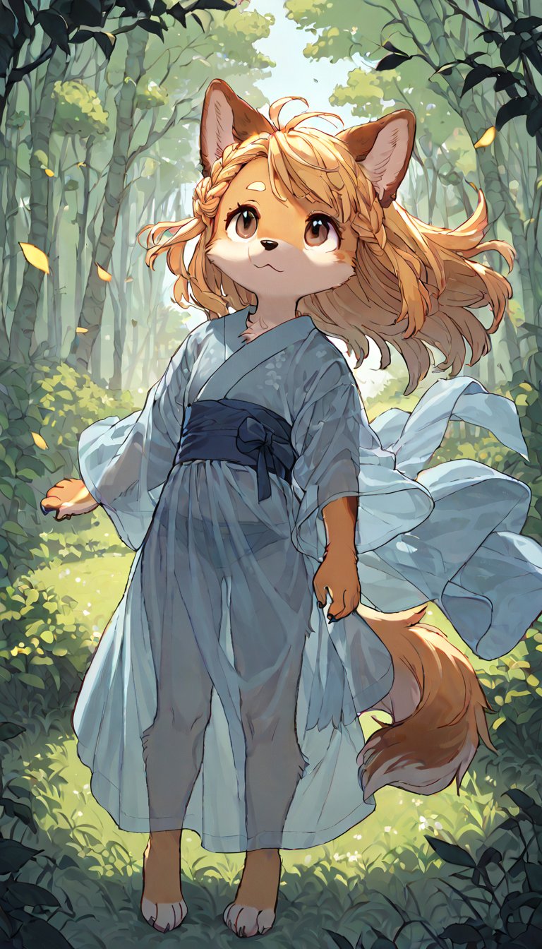 score_9, score_8up, score_7up, score_6up, score_5up,source_anime,source_furry,(furry:1.3),dog anthro,cute,kawaii,1girl,solo,blonde hair,dog ears fluff,french braid,brown eyes,translucent evening kimono dress,wind,floating hair,(looking up:1.3),forest,night,