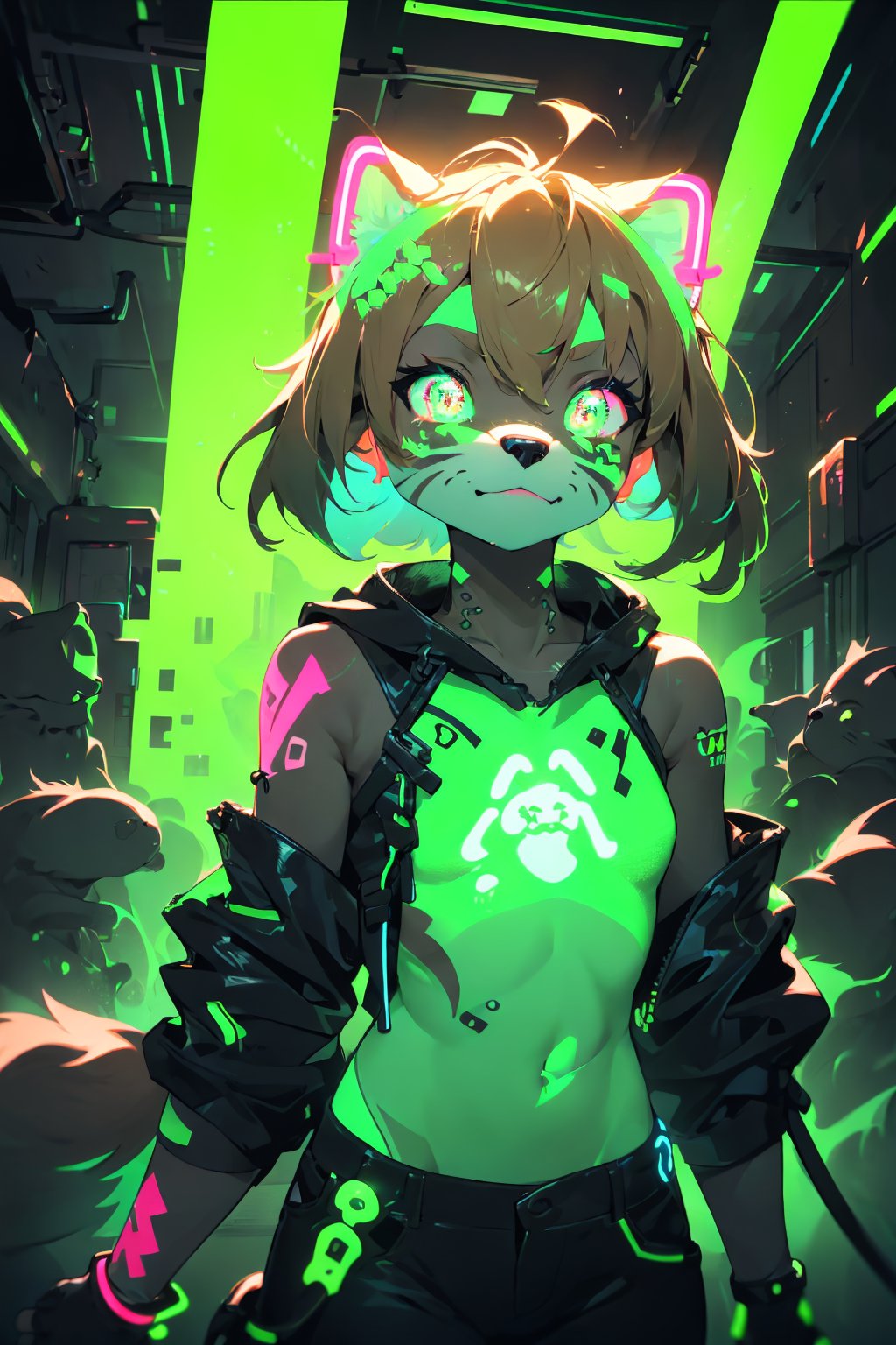 (furry:1.3),anthro,cute,kawaii,1girl,solo,dog ears,blonde hair,gradient brown eyes,her body adorned with (glowing neon green mosaic tattoo,on skin:1.5),high-contrast anime-style,(darkness room:1.3)