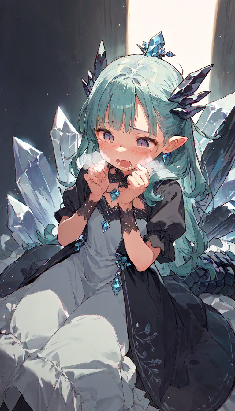 score_9, score_8up, score_7up, score_6up, score_5up,source_anime,cute,kawaii,dragon girl,black Crystal quartz version,simple dress,heavy breathing,(pain:0.9),crystal tale