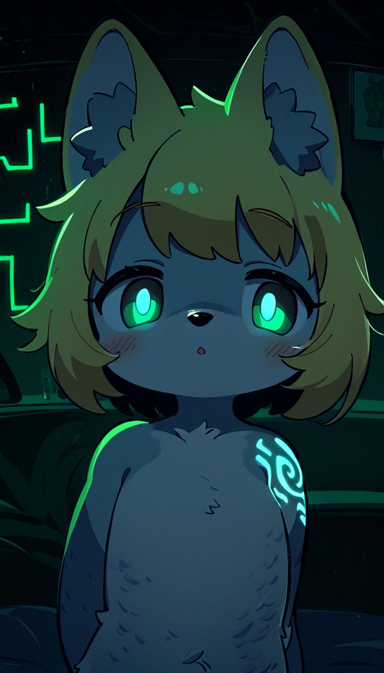 (furry:1.3),anthro,cute,kawaii,1girl,solo,dog ears,blonde hair,gradient brown eyes,indoors,(dark room:1.4),her body adorned with (glowing neon green Ancient magical tattoo,upper body:1.5),high-contrast anime-style,full body,