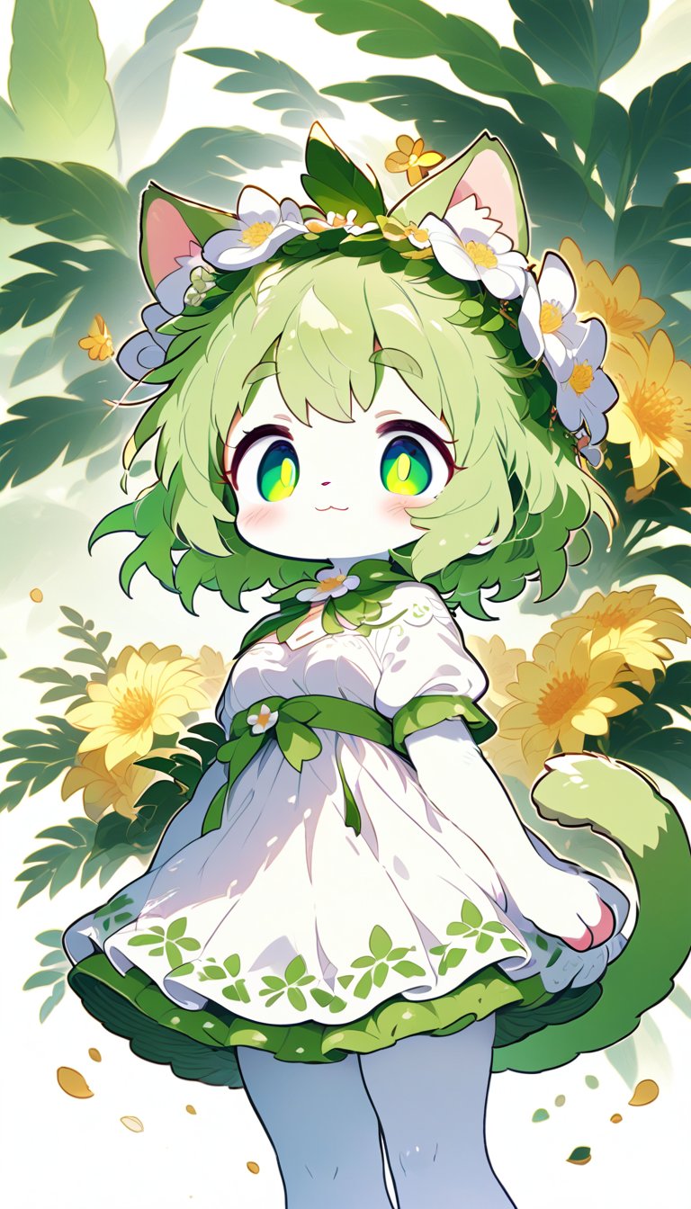 score_9_up, score_8_up, score_7_up,score_6_up,score_5_up,source_anime,masterpiece,best quality,illustration,cute,kawaii,1girl,solo,furry white cat female,white fur, cat tail, messy short green hair, flower crown, green eyes, thick green eyebrows, white and green dress,short sleeves,(royal:1.2),elegance,graceful,small breasts,high waist,light smile,(petite:1.2),source_furry,