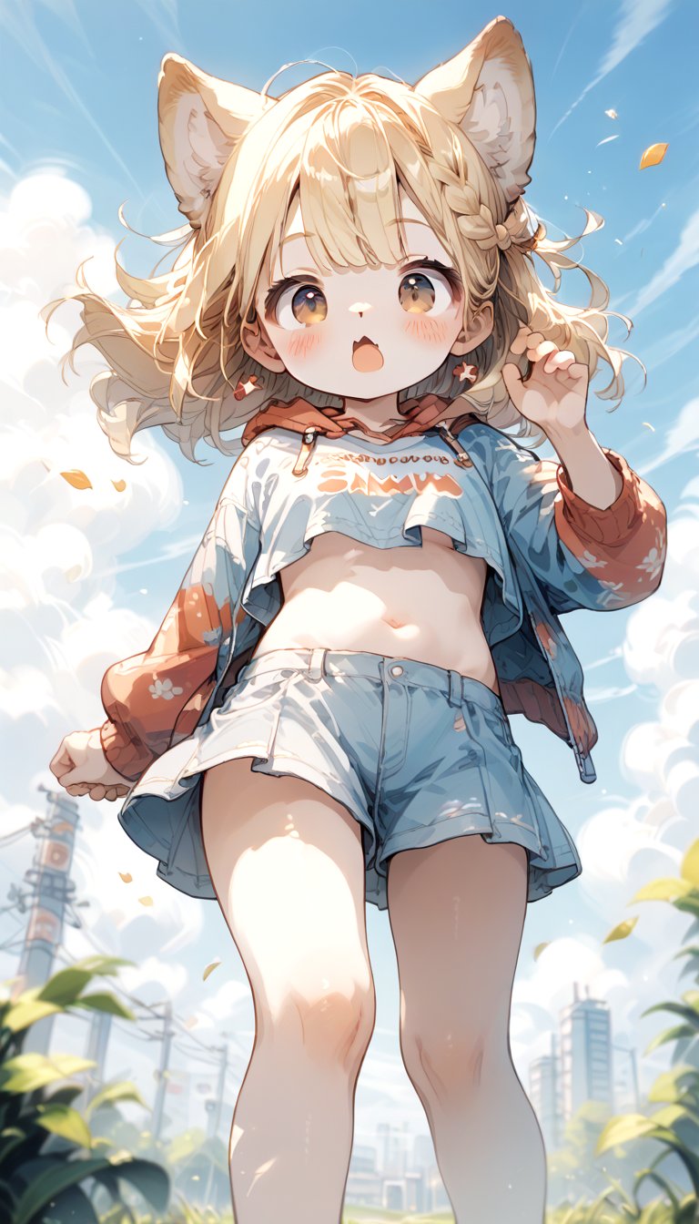 score_9_up, score_8_up, score_7_up,score_6_up,score_5_up,source_anime,source_furry,masterpiece,best quality,illustration,cute,kawaii,1girl,solo,dog ears,blonde hair,french braid,gradient brown eyes,midriff,groin,Deformed,feral furry,(underboob:0.95),wind,from below,surprised,blush,looking_at_viewer,miniskirt,arms in leg