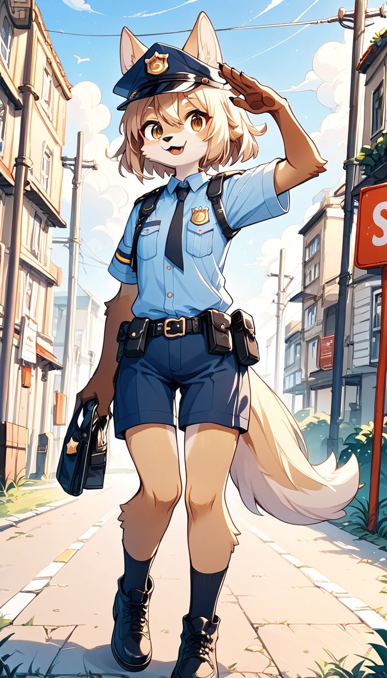 score_9, score_8_up, score_7_up, score_6_up, score_5up,source_anime,source_furry,furry,anthro,kemono,cute,kawaii,vivid color.1girl,solo,dog ears,brown eyes,police uniform,gallant expression,salute,cowboy shot,Deformed, score_9_up,outdoors,overlooking,traffic light