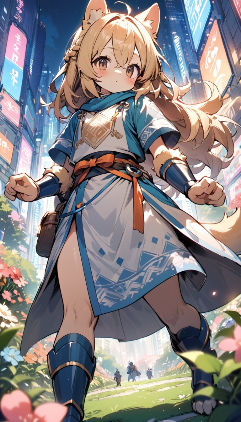 1girl,solo,dog ears,french braid,blonde hair,detailed and gradient brown eyes,(knight dress:1.1),(ainu dress:1.1),standing
BREAK
outdoors,spring flower garden,night,(cybercity:1.3),magnificent view
BREAK
masterpiece,best quality,ultra detailed,highres,absurdres,illustration,cute,kawaii,perfect arrangement,(brave:1.3),(furry:1.15),furry