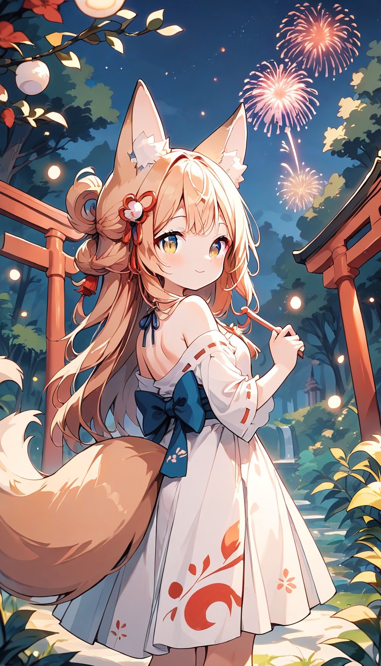 score_9_up, score_8_up, score_7_up,score_6_up,score_5_up,source_anime,masterpiece,best quality,illustration,cute,kawaii,1girl,solo,sliver hair,long hair,fox ears,fox tails,formal miko dress primarily white with golden and red embroidery,The hem of the dress flares out gracefully,perfectly complementing her overall look,looking back,torii,shrine gate,fireworks,(dark forest:1.3),(mid night:1.3),silence