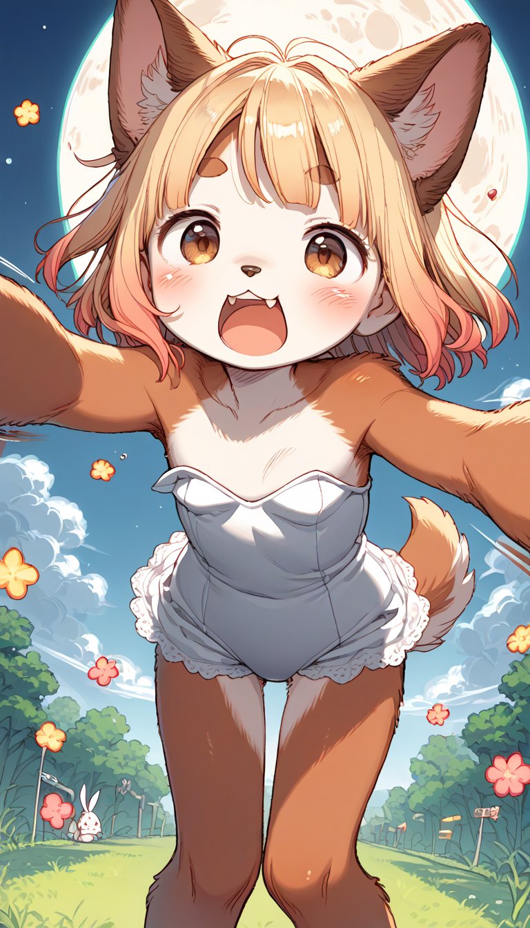 score_9, score_8up, score_7up, score_6up, score_5up,source_anime,source_furry,(anthro:1.3),cute,kawaii,1girl,solo,dog ears,blonde hair,gradient brown eyes,(white playboy bunny:1.2) fused with white lolita fashion,(pounding mochi:1.5),collarbone,(Pastel color:1.3),downblouse,(surprised:0.6),open mouth,(Hardworking:0.8),moon,Deformed,mortar and pestle