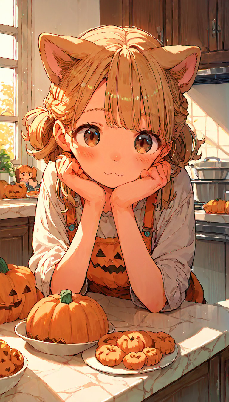 score_9, score_8up, score_7up, score_6up, score_5up,source_anime,cute,kawaii,1girl,solo,blonde hair,dog ears fluff,french braid,brown eyes,making Pumpkin pudding,indoors,kitchen,