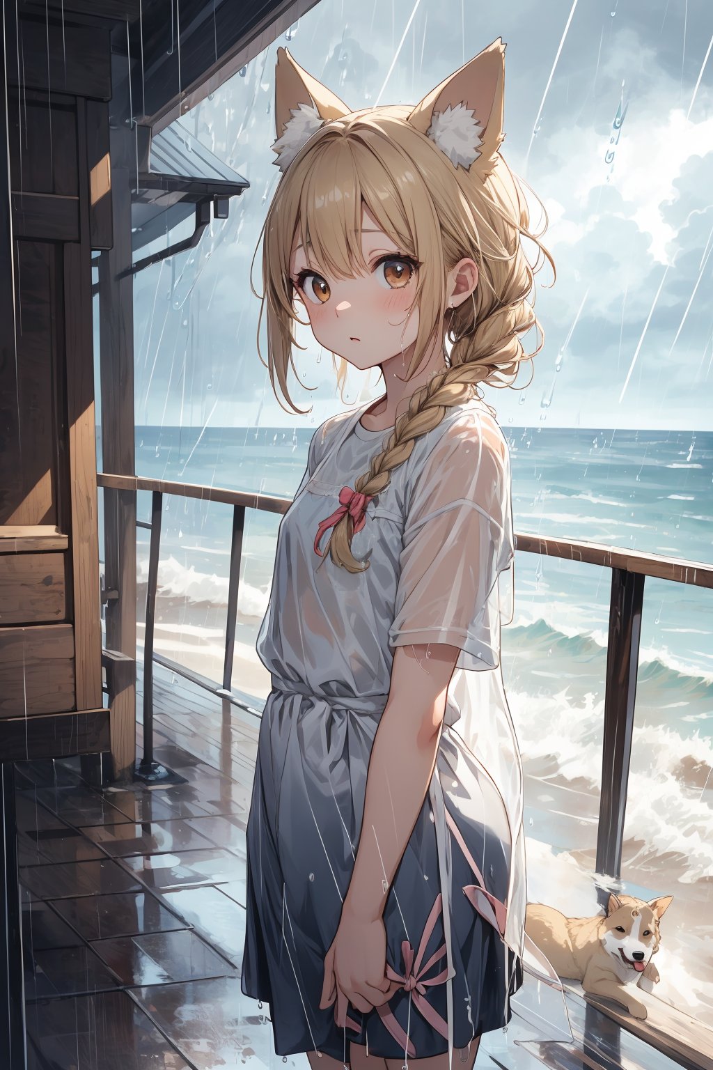 masterpiece,best quality,ultra detailed,highres,absurdres,illustration,cute,kawaii,BREAK 1girl,solo,dog ears,french braid,blonde hair,detailed and gradient brown eyes,(downpour:1.5),ootd,stunned look,(shock:1.3),short sleeves BREAK outdoors,(rainy:1.3),heavy rainstorm,beach,ocean,okinawa,magnificent view,overlooking,