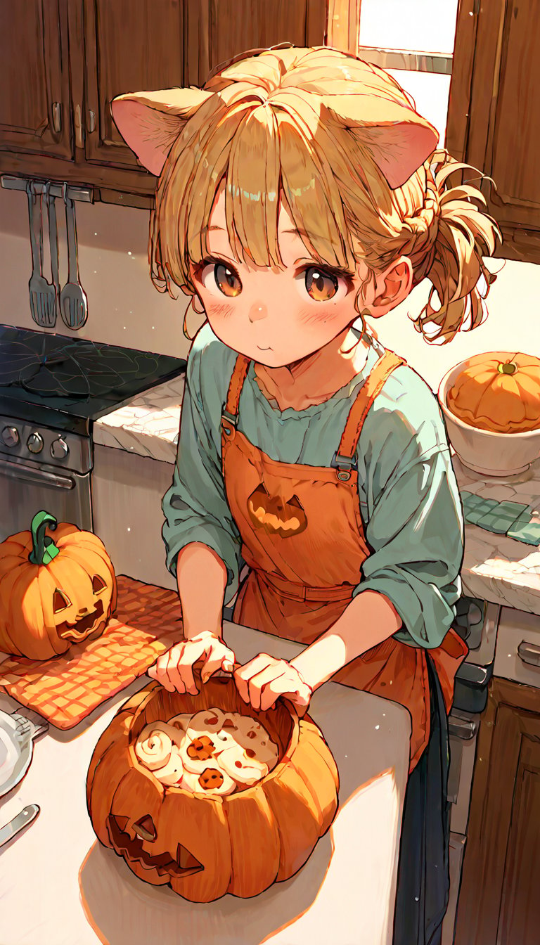 score_9, score_8up, score_7up, score_6up, score_5up,source_anime,cute,kawaii,1girl,solo,blonde hair,dog ears fluff,french braid,brown eyes,making Pumpkin pudding,indoors,kitchen,