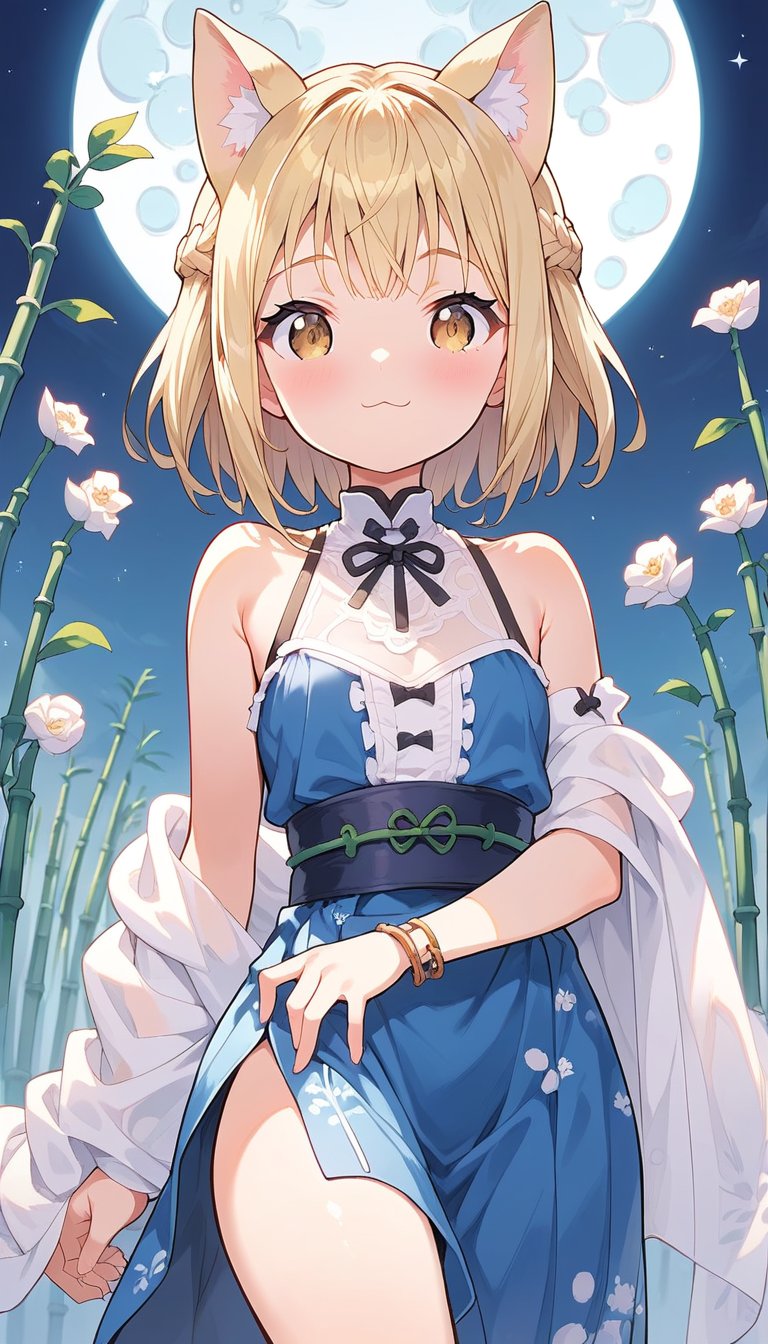  score_9_up, score_8_up, score_7_up,score_6_up,score_5_up,score_4_up,source_anime,masterpiece,best quality,illustration,cute,kawaii,1girl,solo,blonde hair,french_braid,dog ears,gradient brown eyes,(tanabata:1.2),tanzaku,(silver bamboo thicket),blue full moon,(mysterios),(heresy),supplication,kimono Ethnic Dress,(see-through long shawl:1.3),see-through detatched sleeves,